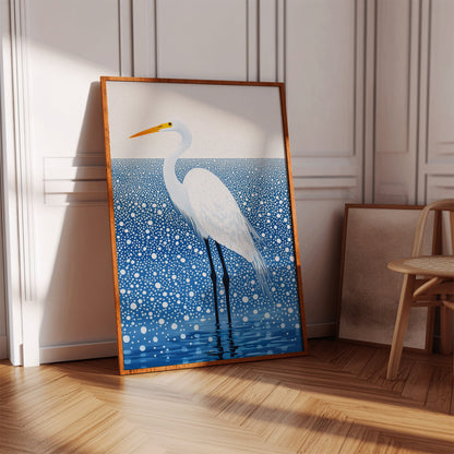 White Egret in Snowfall - Minimalist Bird Wall Art