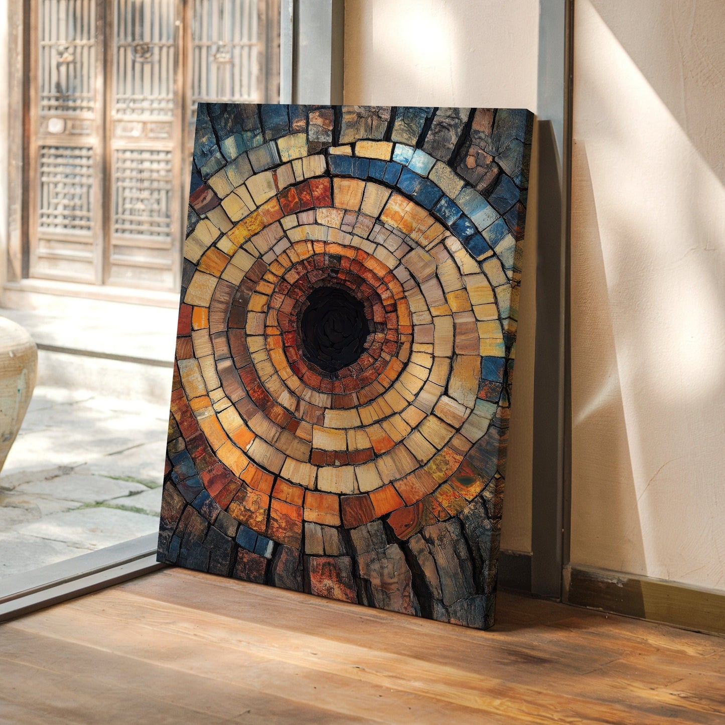 Petrified wood spiral abstract wall art print in warm amber, brown, and ochre tones