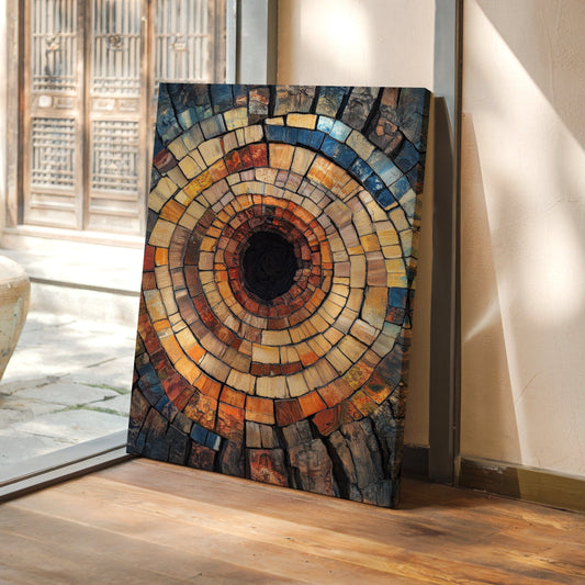 Petrified wood spiral abstract wall art print in warm amber, brown, and ochre tones