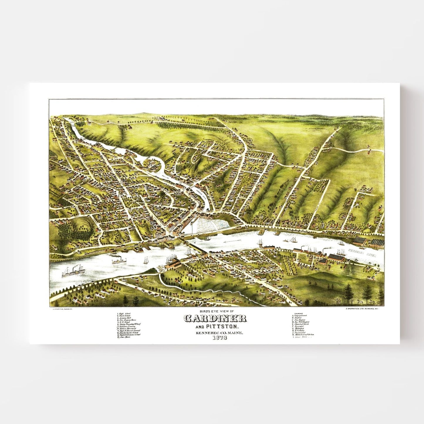 Vintage Map of Gardiner and Pittston, Maine, 1878