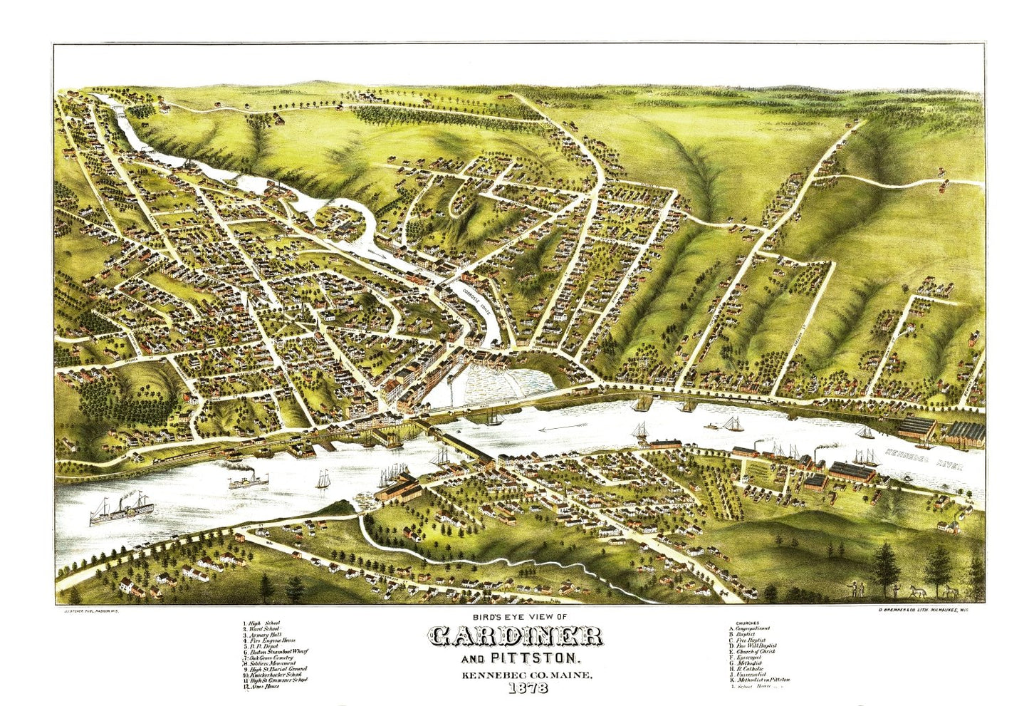 Vintage Map of Gardiner and Pittston, Maine, 1878