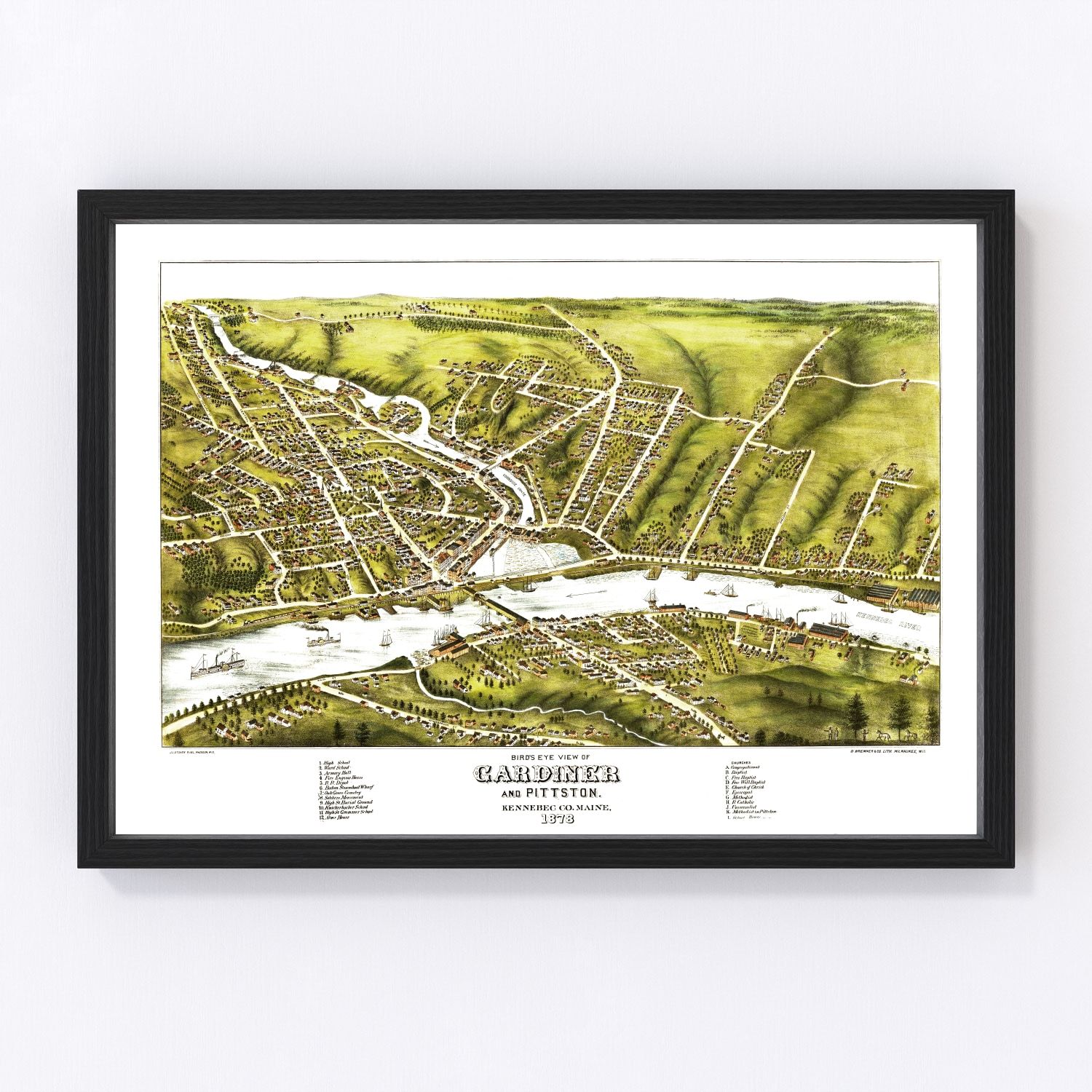 Vintage map of Gardiner and Pittston, Maine, 1878