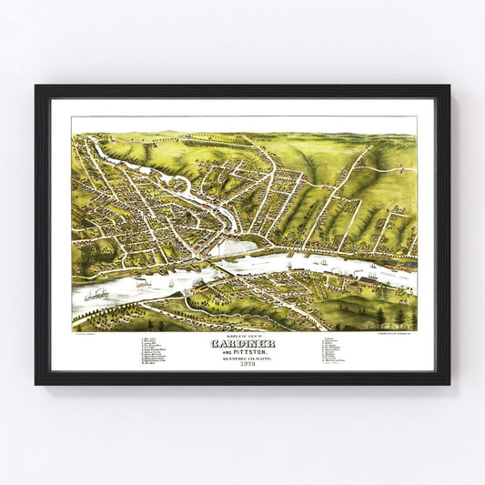 Vintage map of Gardiner and Pittston, Maine, 1878
