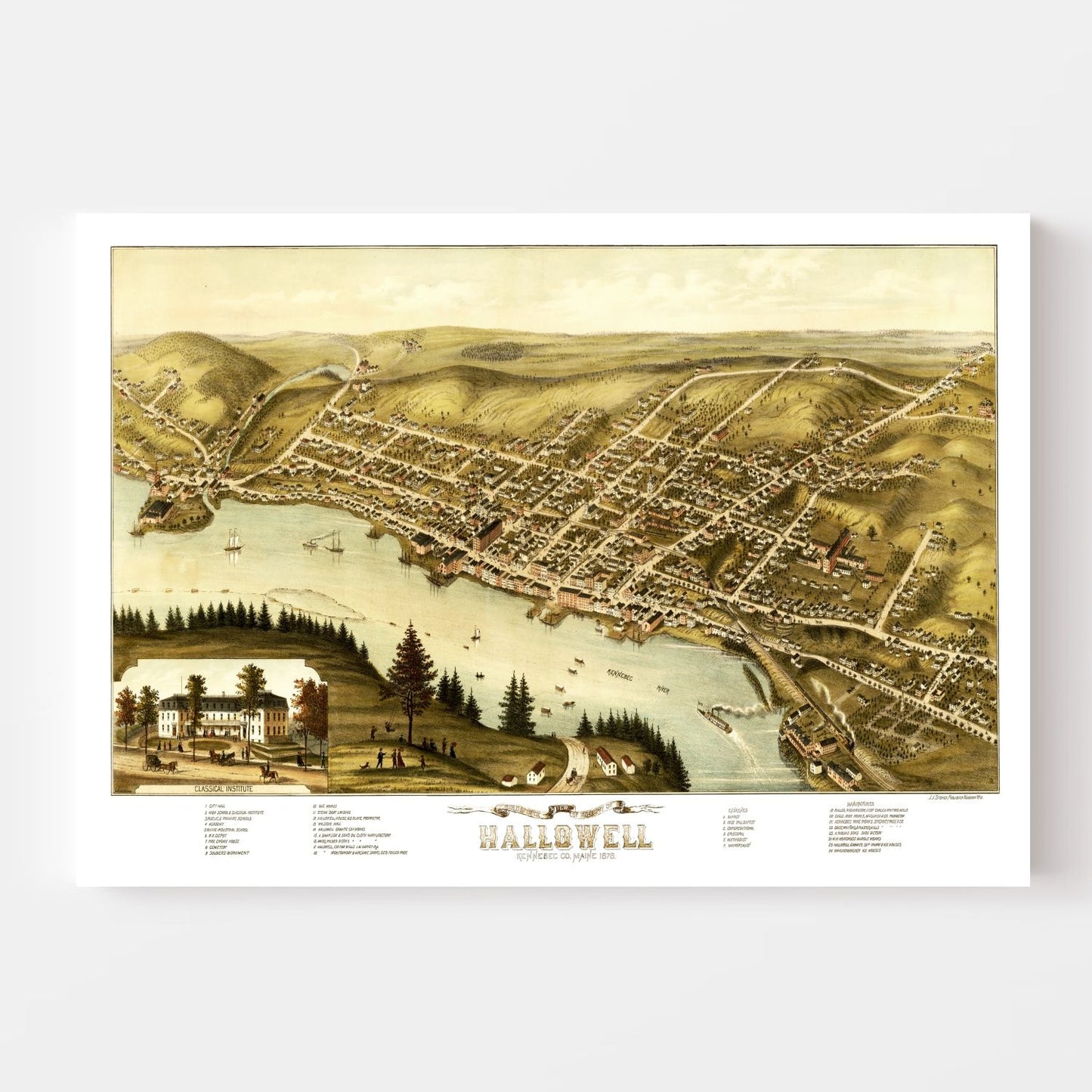 Vintage Map of Hallowell, Maine, 1878