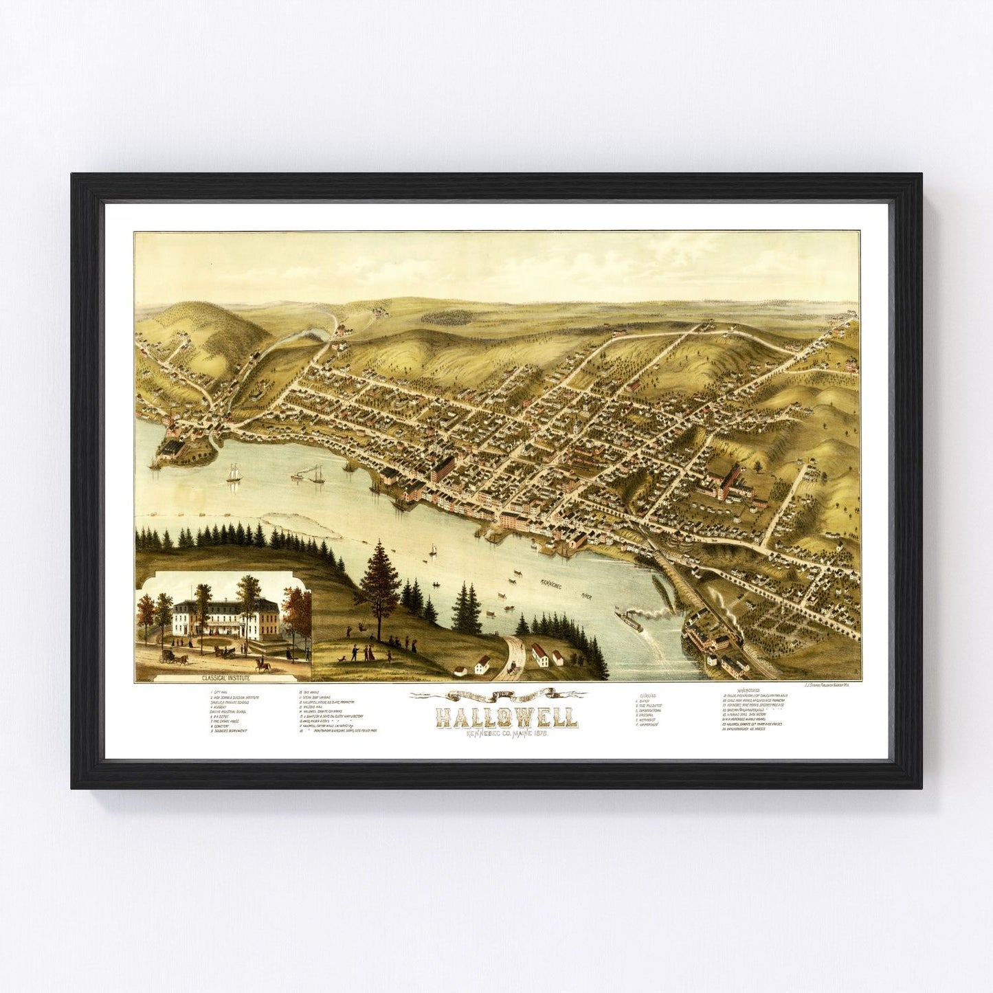 Vintage map of Hallowell, Maine, 1878