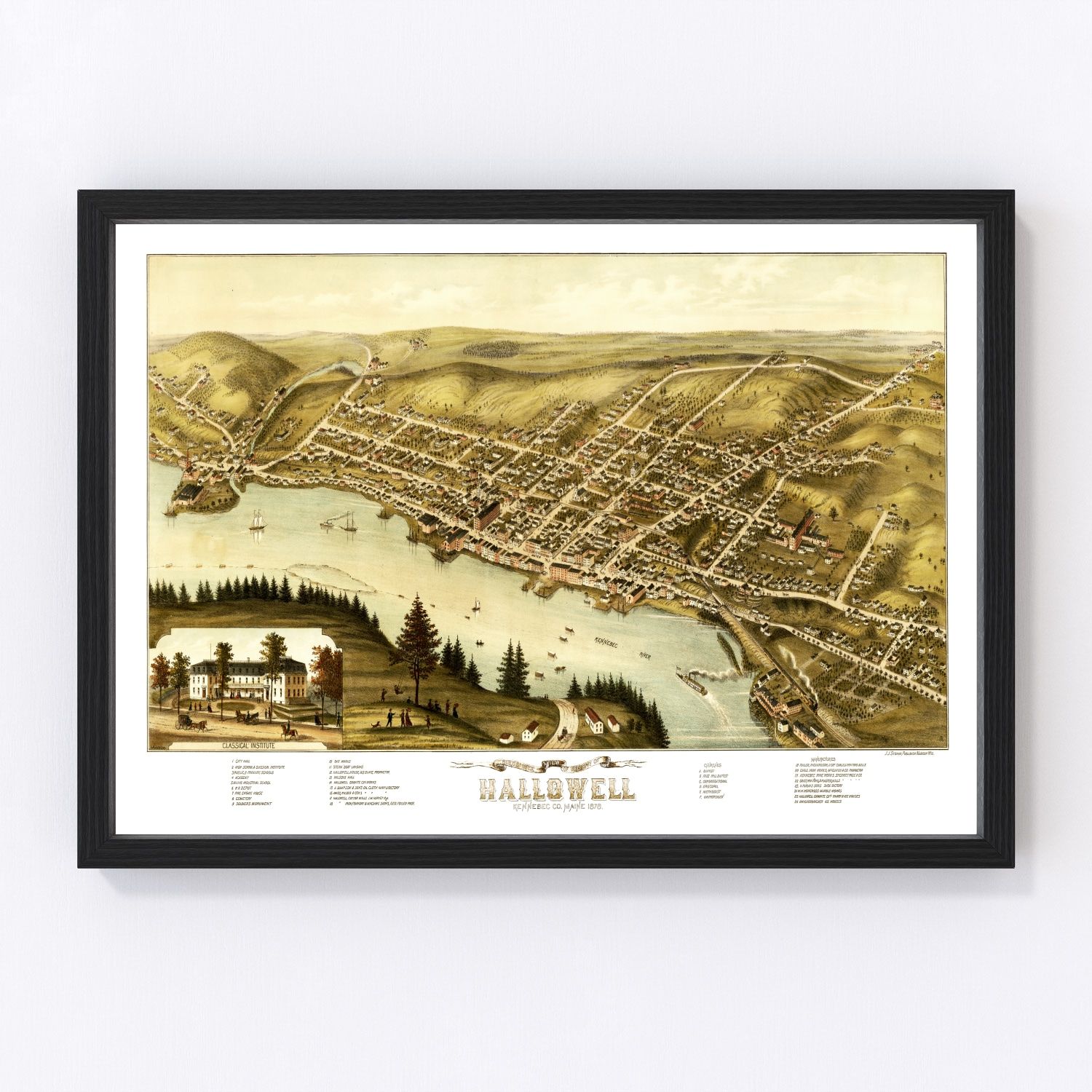 Vintage map of Hallowell, Maine, 1878