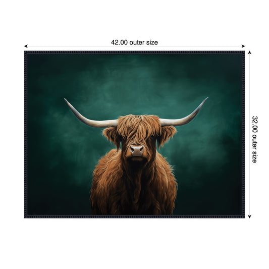Highland Cow on Teal Green Abstract Framed Canvas Wall Art