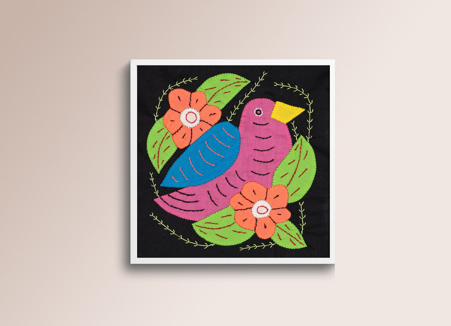 Pink and Blue Seedeater Bird Mola Tapestry Wall Hanging