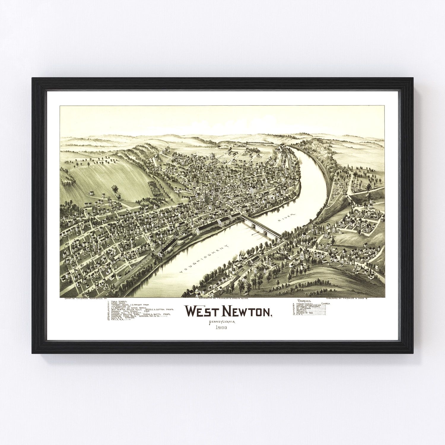 Vintage map of West Newton, Pennsylvania, 1900 - Youghiogheny River restored print