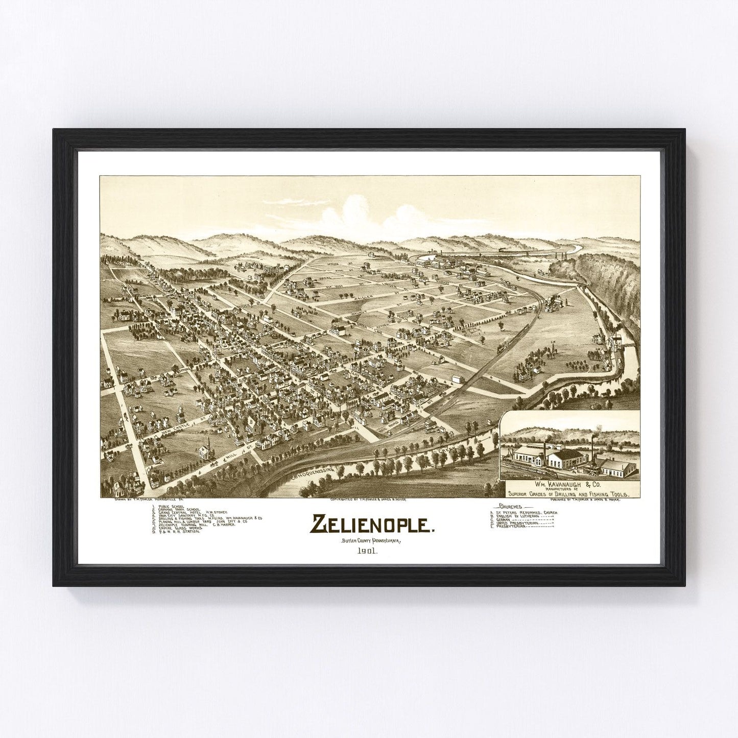 Vintage 1901 map of Zelienople Pennsylvania, digitally restored print