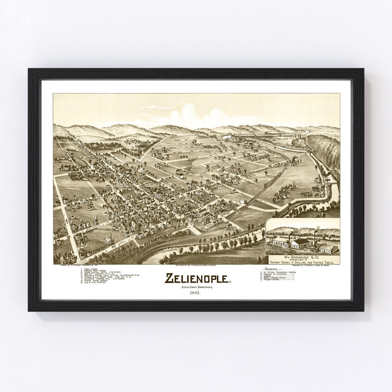 Vintage 1901 map of Zelienople Pennsylvania, digitally restored print