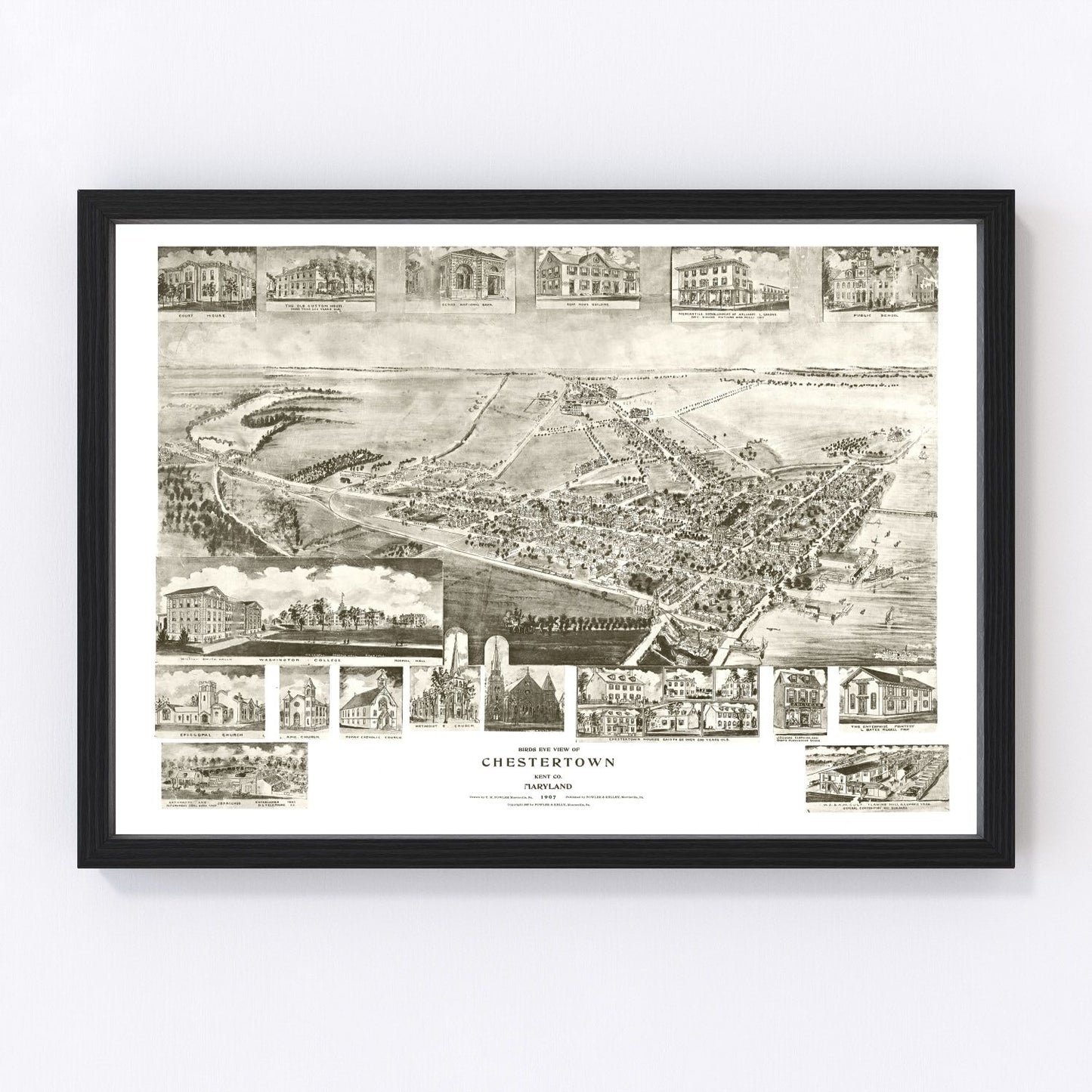 Vintage restored map of Chestertown, Maryland, 1907, Kent County Chesapeake
