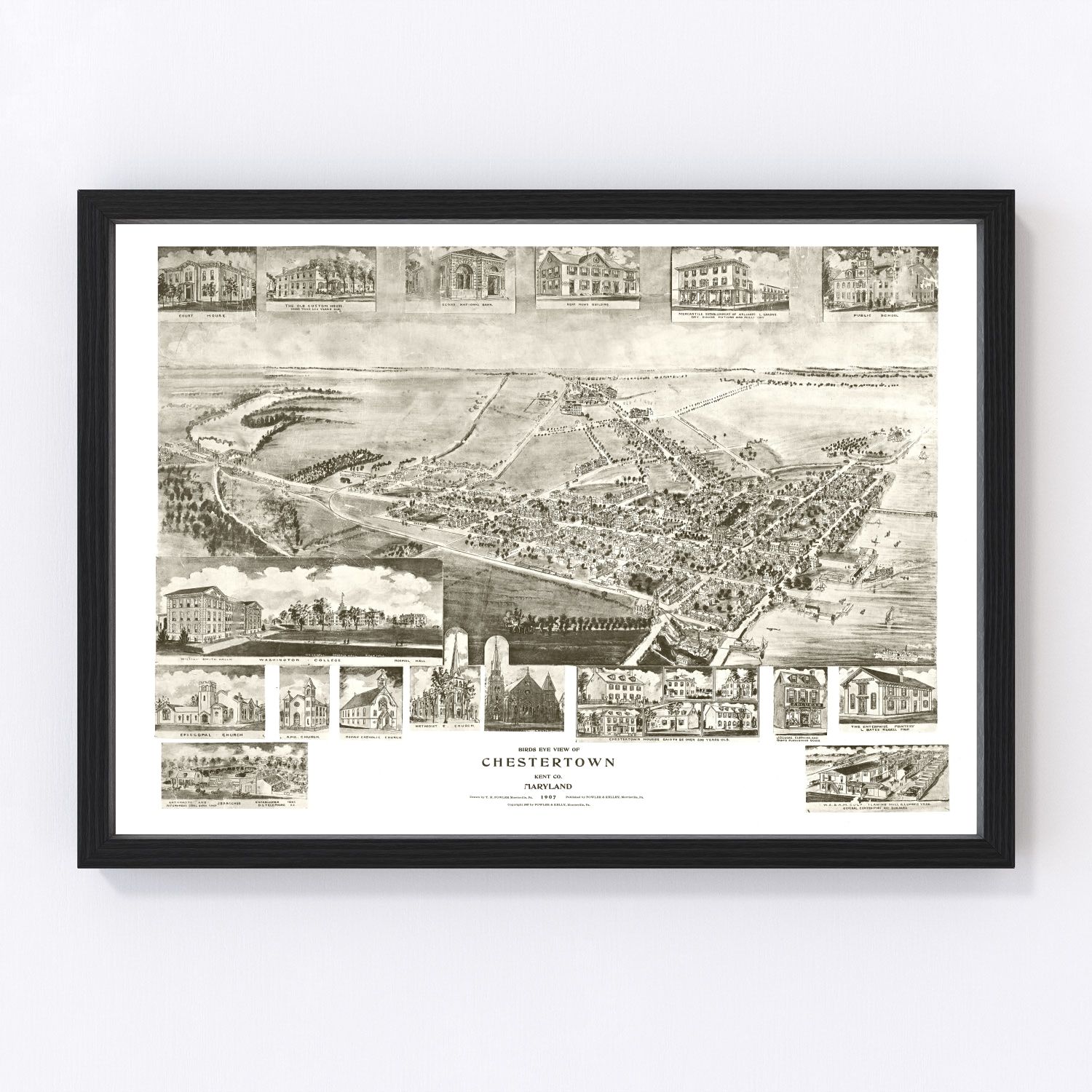 Vintage restored map of Chestertown, Maryland, 1907, Kent County Chesapeake