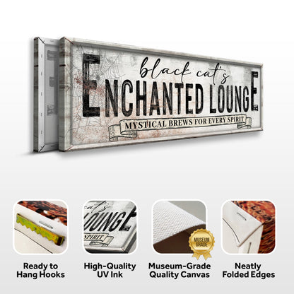 Black Cat's Enchanted Lounge canvas front and side, with text: Ready to Hang Hooks, High-Quality UV Ink, Museum-Grade Quality Canvas, Neatly Folded Edges