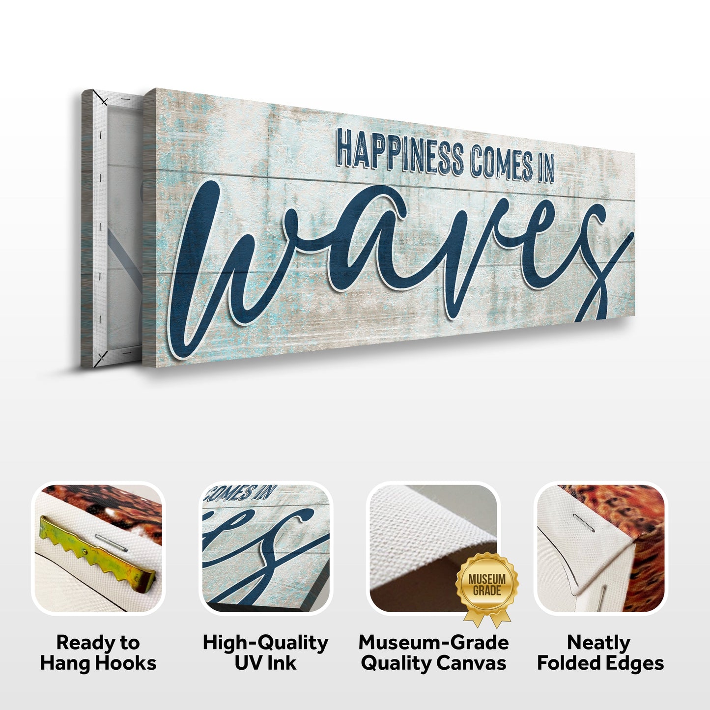 Happiness Comes In Waves Beach Canvas Wall Art