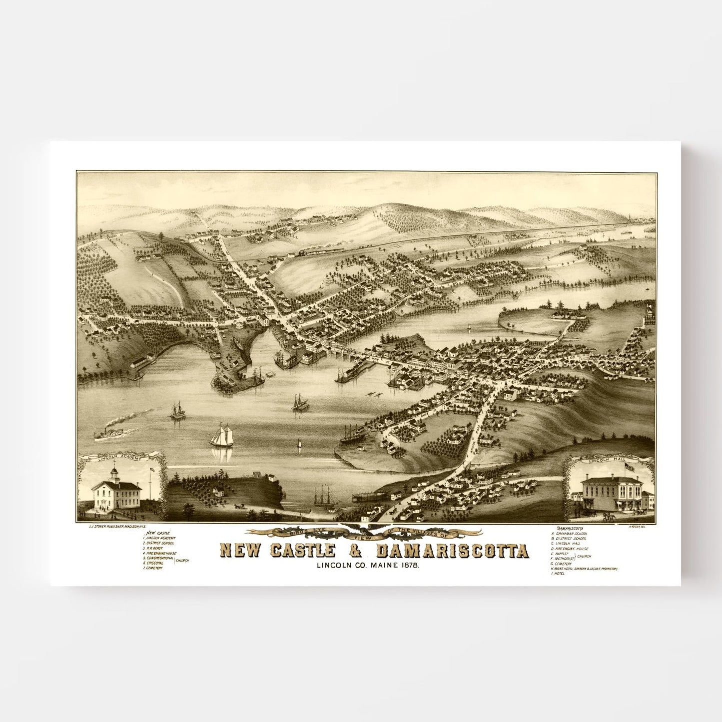 Vintage Map of New Castle & Damariscotta, Maine, 1878