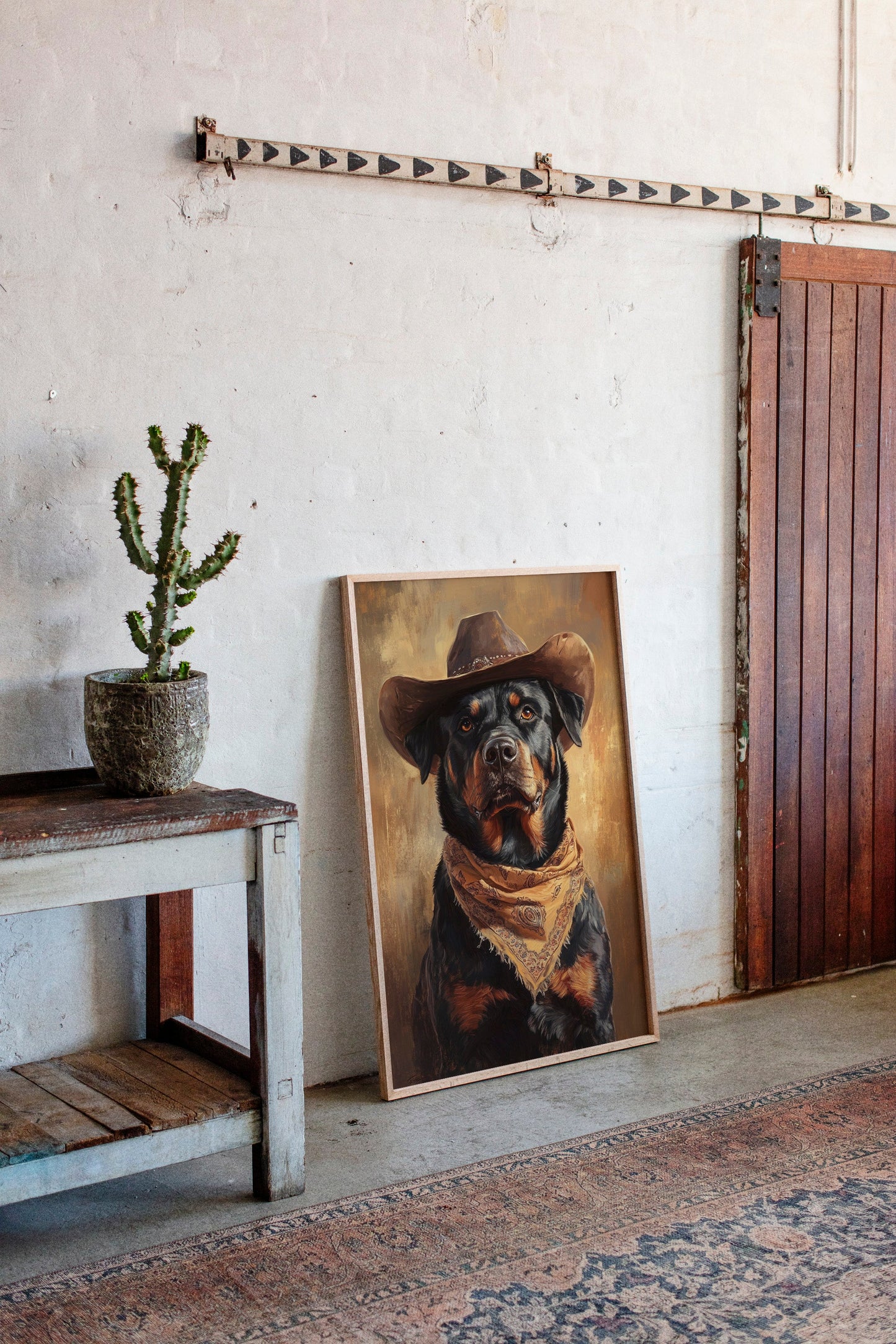 Western Cowboy Rottweiler Rustic Dog Art Print