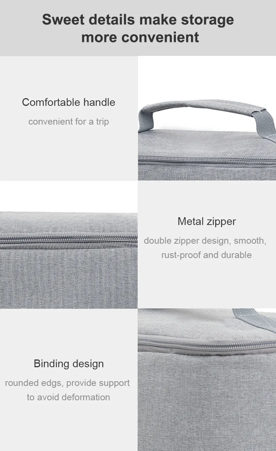 Gray storage bag for mini projector with features highlighted on a white background