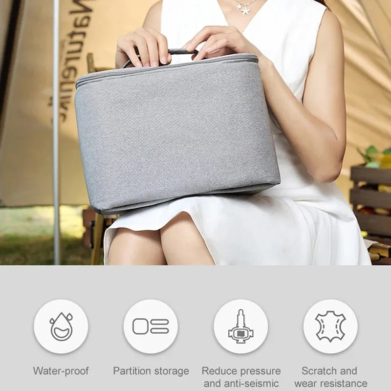 Person holding a gray projector storage bag with product features listed below.