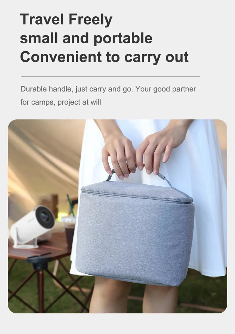 Person holding a gray travel mini projector bag with text about its portability and durability.