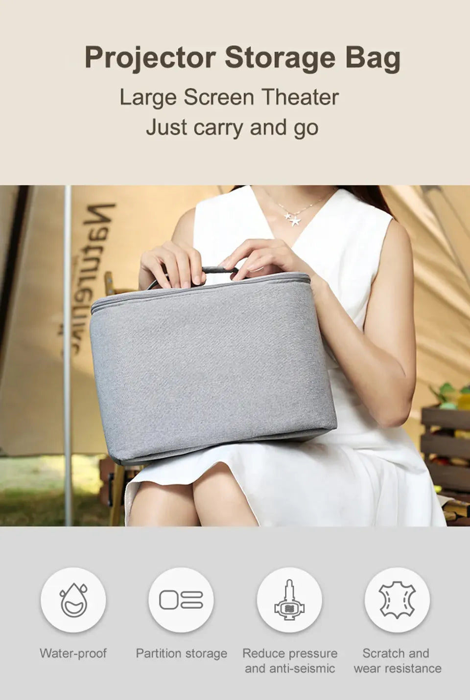 Person holding a gray projector storage bag with text about its features and uses.