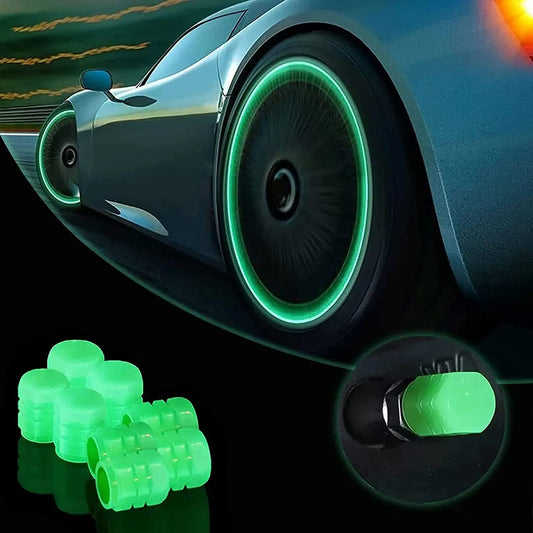Glow in the dark tire valve caps creating neon rim effect on car wheel at night
