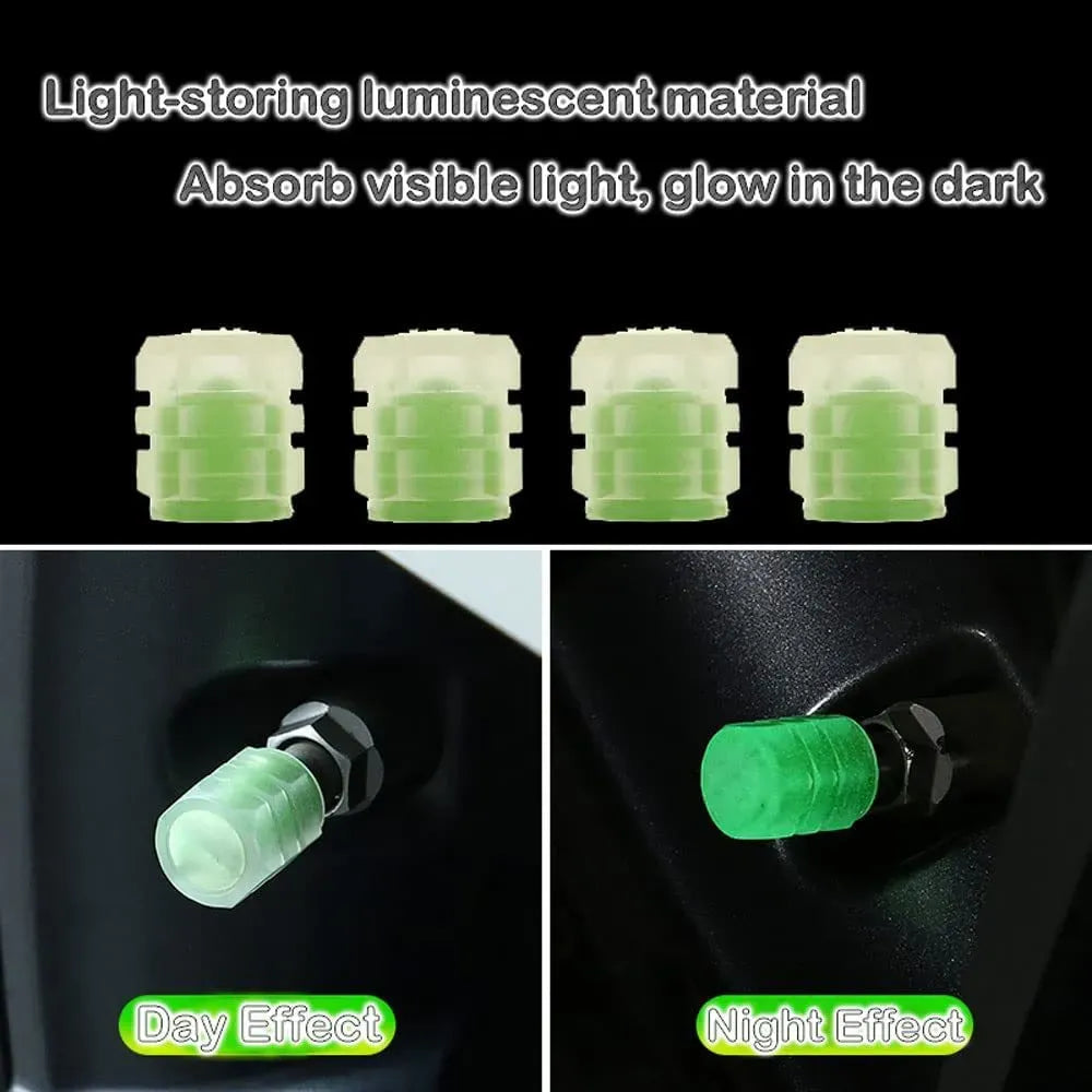 Day and night comparison of luminous valve stem caps charging and glowing