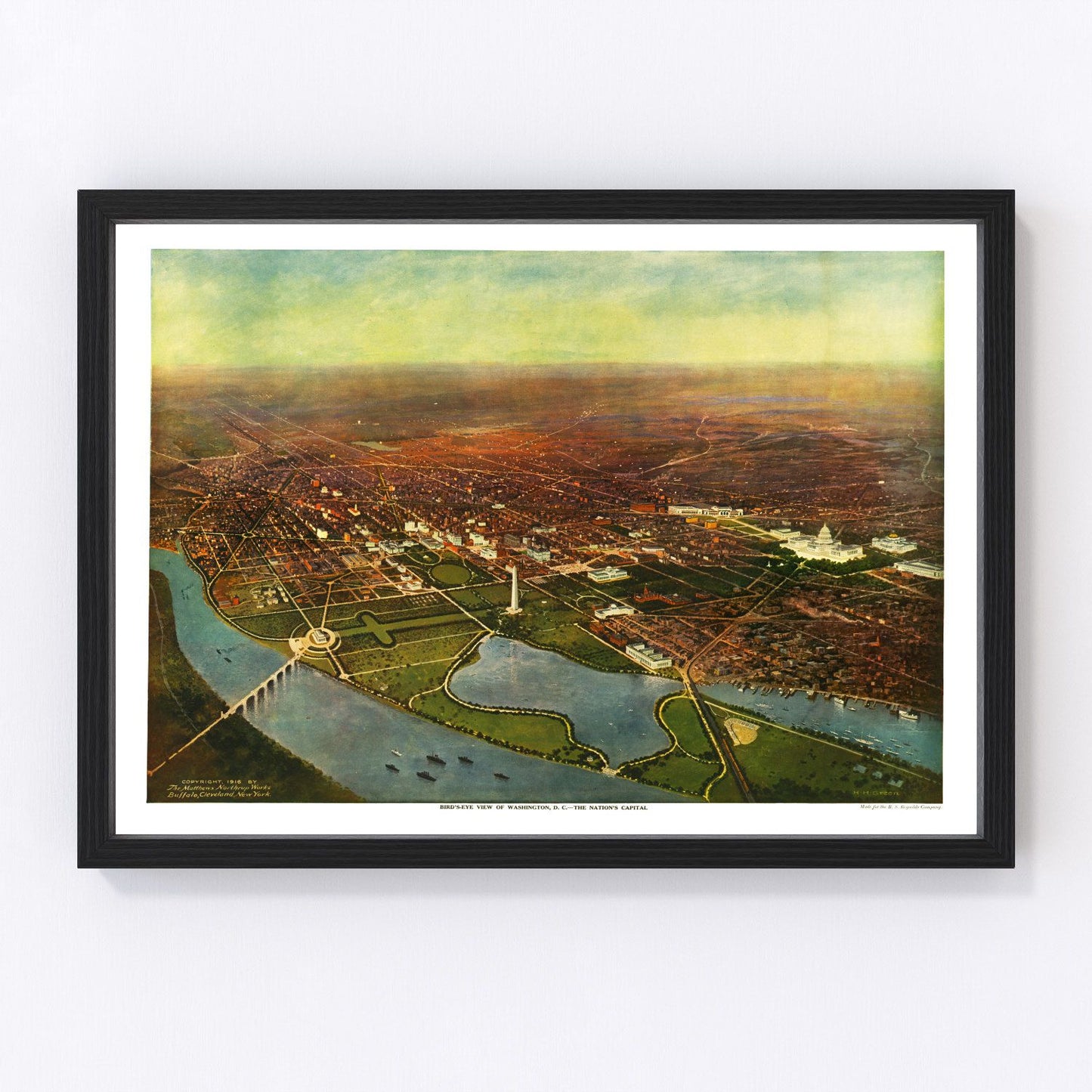 Vintage map of Washington, DC, 1916, Beaux Arts era capital and National Mall