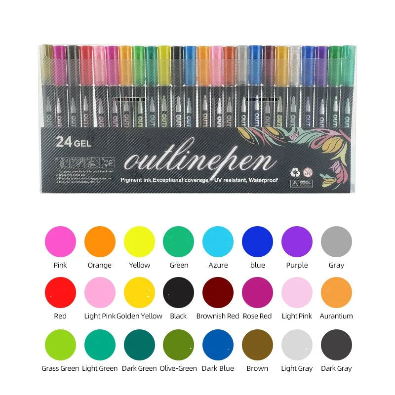 24 color gel outline pen metallic fluorescent marker set with extended palette