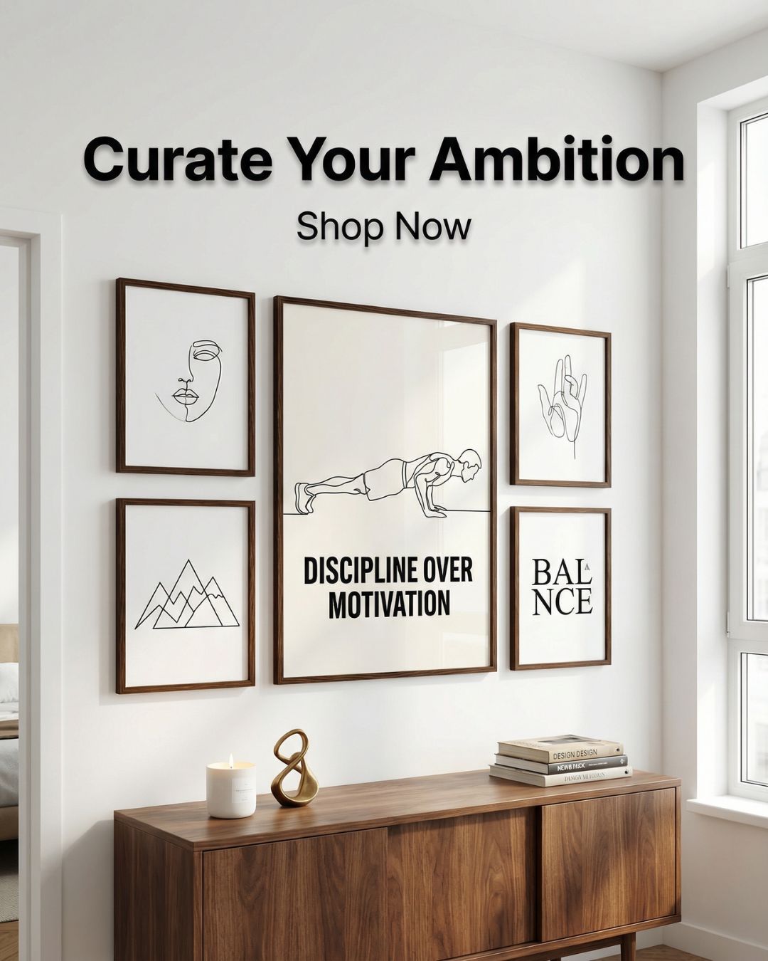 Discipline Over Motivation Poster — Framed Minimalist Line Art