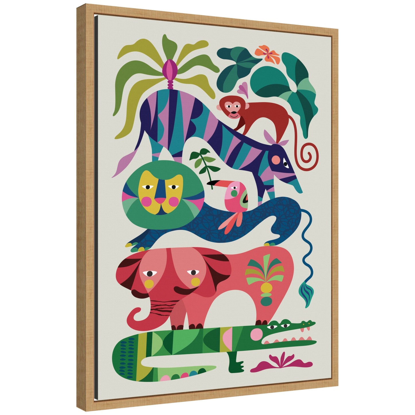 Safari animals framed canvas wall art with friendly lion, elephant and giraffe