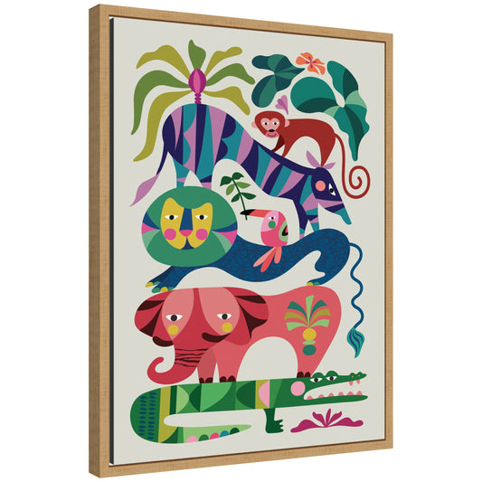 Safari animals framed canvas wall art with friendly lion, elephant and giraffe