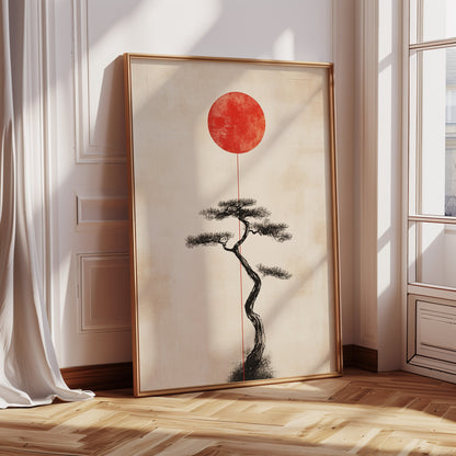 Minimalist Bonsai & Rising Sun – Japanese Zen-Inspired Wall Art