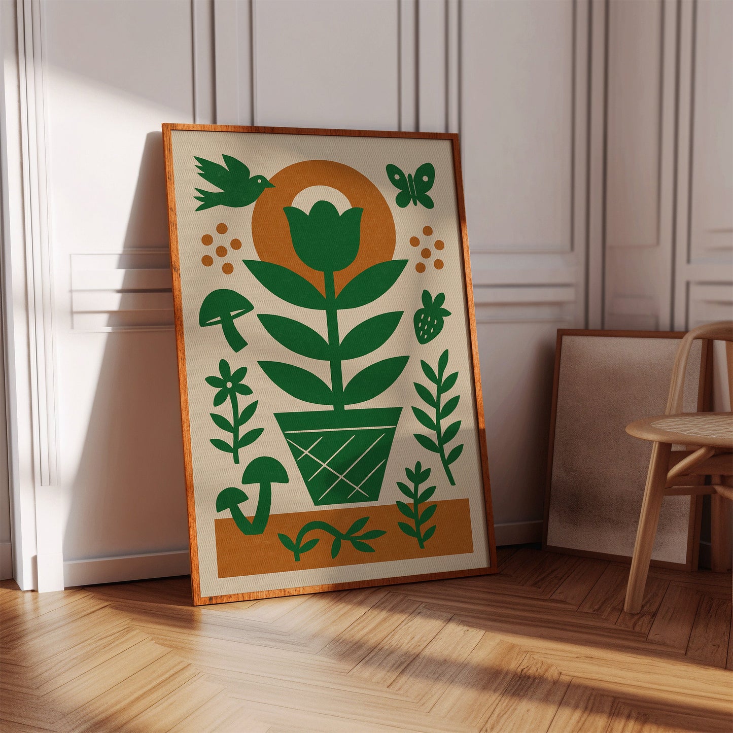 Folk Garden Wall Art - Bird, Butterfly and Tulip Print