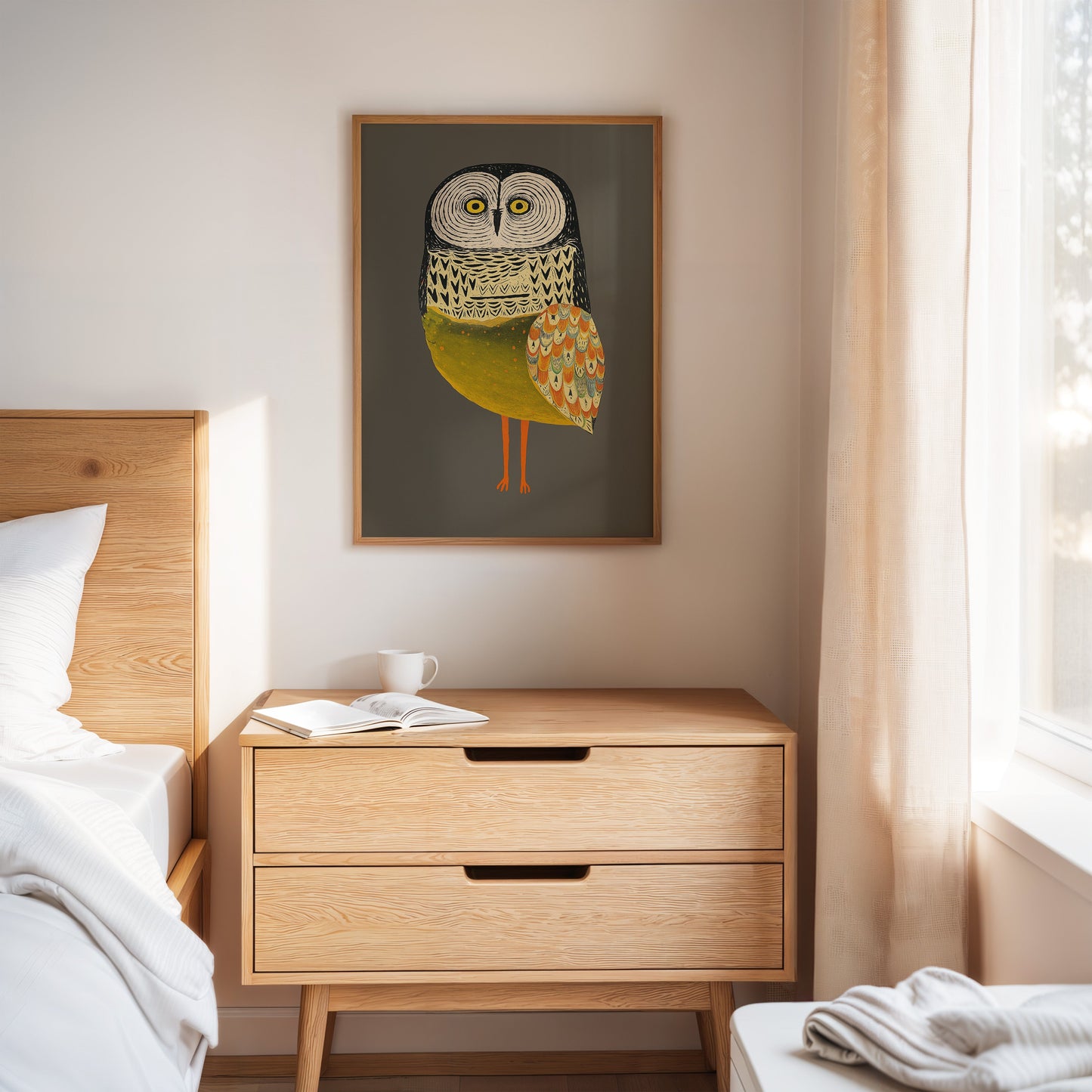 Stylized Owl Wall Art - Golden Feather Bird Print