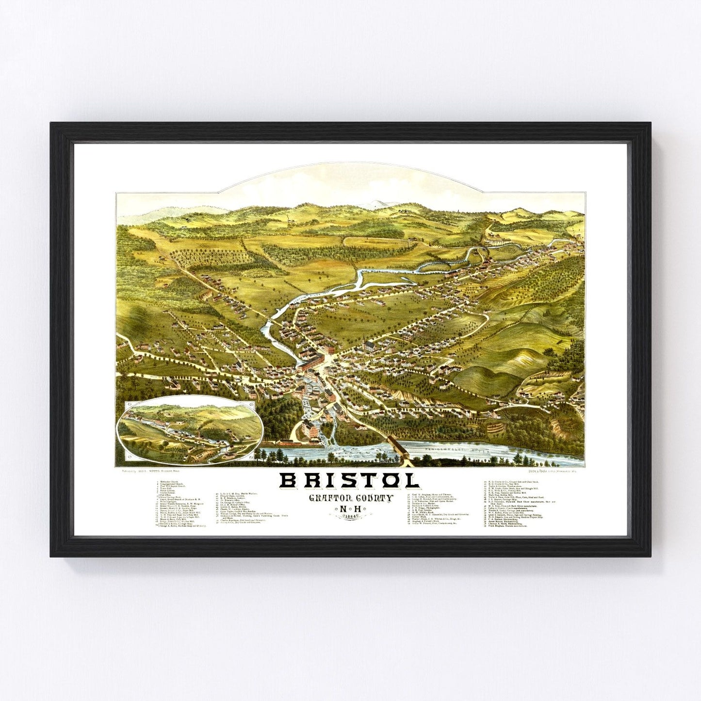 Vintage map of Bristol, Grafton County, New Hampshire, 1884, restored print