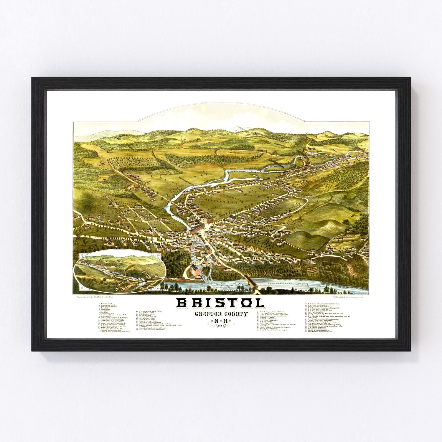 Vintage map of Bristol, Grafton County, New Hampshire, 1884, restored print