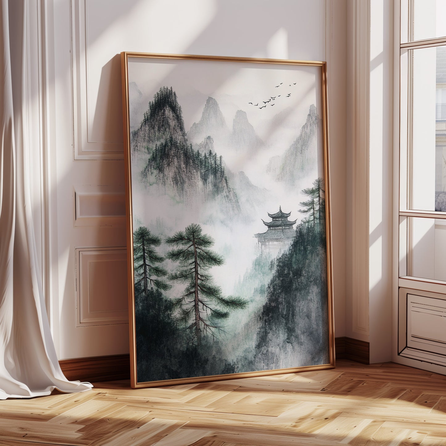 Misty Mountain Zen Wall Art Print - Chinese Ink Landscape