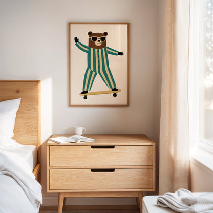 Cool Bear on Skateboard Retro Kids Wall Art