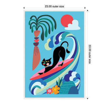 Whimsical Ocean Surf Cat Framed Canvas Wall Art