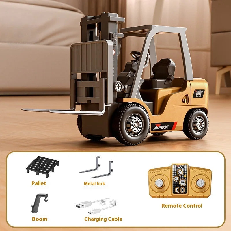 Toy forklift with remote control and accessories on a wooden surface