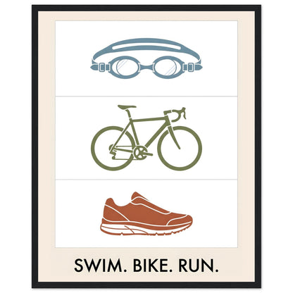 Swim Bike Run Poster: Minimalist Triathlon Icons Wall Art - 40x50 cm / 16x20″ - Black frame / Ready-to-hang - Sparkycare