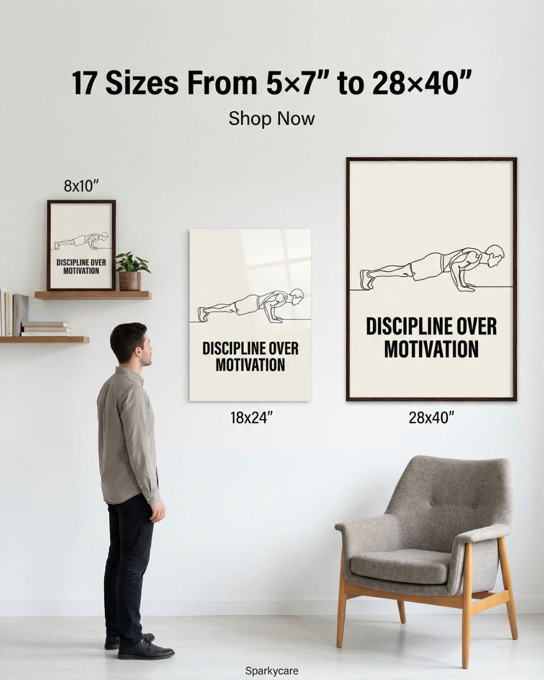 Discipline Over Motivation Poster — Framed Minimalist Line Art