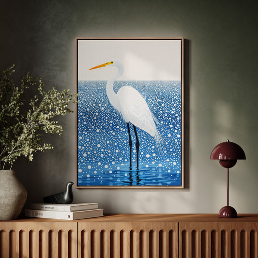 White Egret in Snowfall - Minimalist Bird Wall Art
