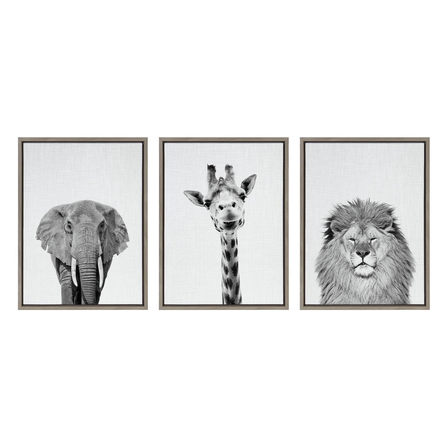 Sylvie Elephant Giraffe and Lion Framed Canvas by Simon Te of Tai Prints