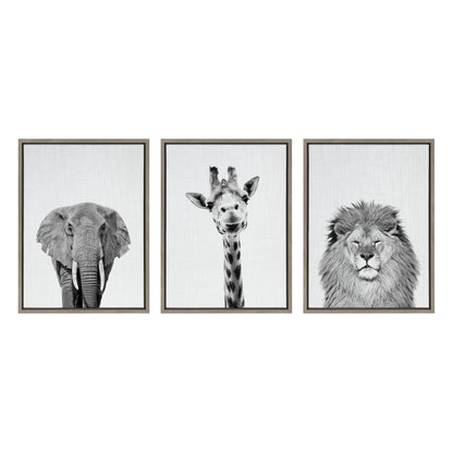 Sylvie Elephant Giraffe and Lion Framed Canvas by Simon Te of Tai Prints