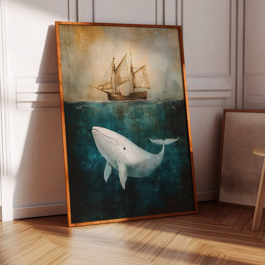 Whale beneath a tall sailing ship vintage seascape wall art