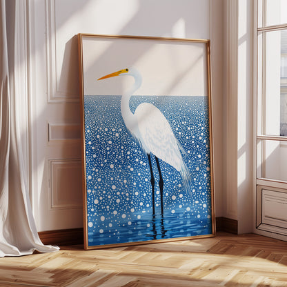 White Egret in Snowfall - Minimalist Bird Wall Art