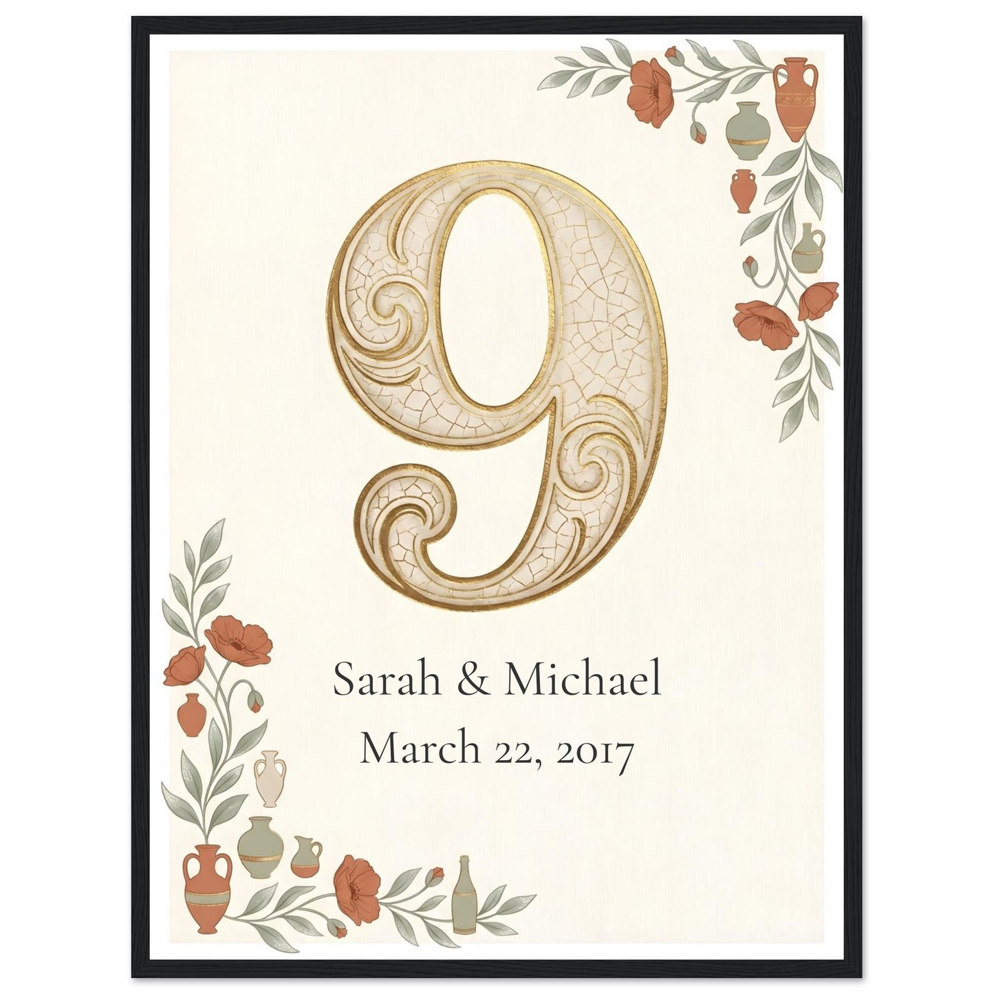 Personalized 9th Anniversary Wall Art - 45x60 cm / 18x24″ - Black frame / Ready-to-hang - Sparkycare