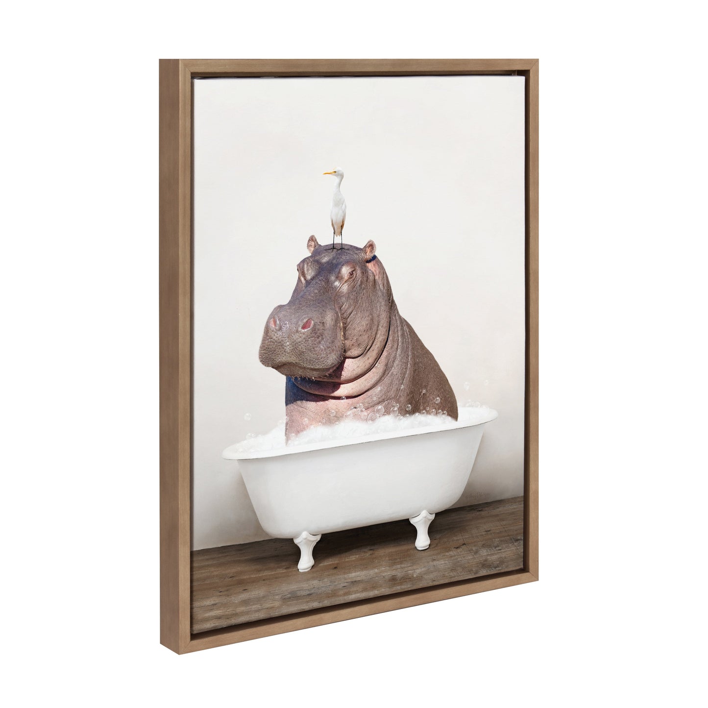 Hippo and Bird in Rustic Bath Framed Canvas Art